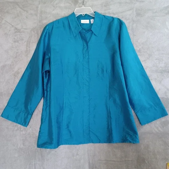 Chicos Sz 4 / 20 Shirt Taffeta Silk Button Down Blue Collared Sheen Evening - Picture 1 of 9
